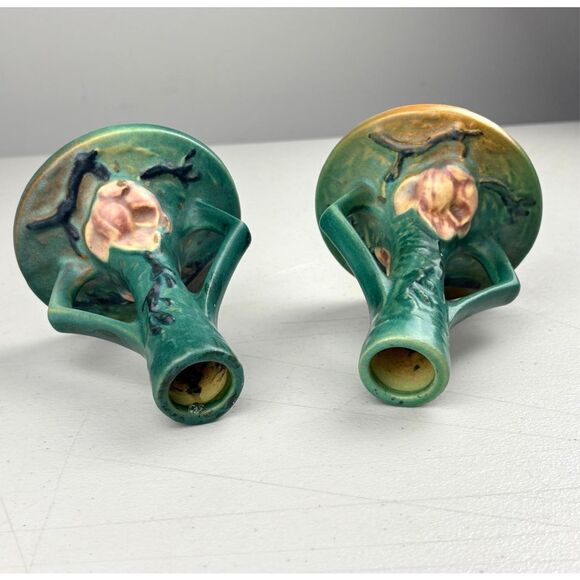 Antique Roseville Art Pottery 1157 Magnolia Pattern Candle Stick Holder Pair EW2 - Picture 8 of 8